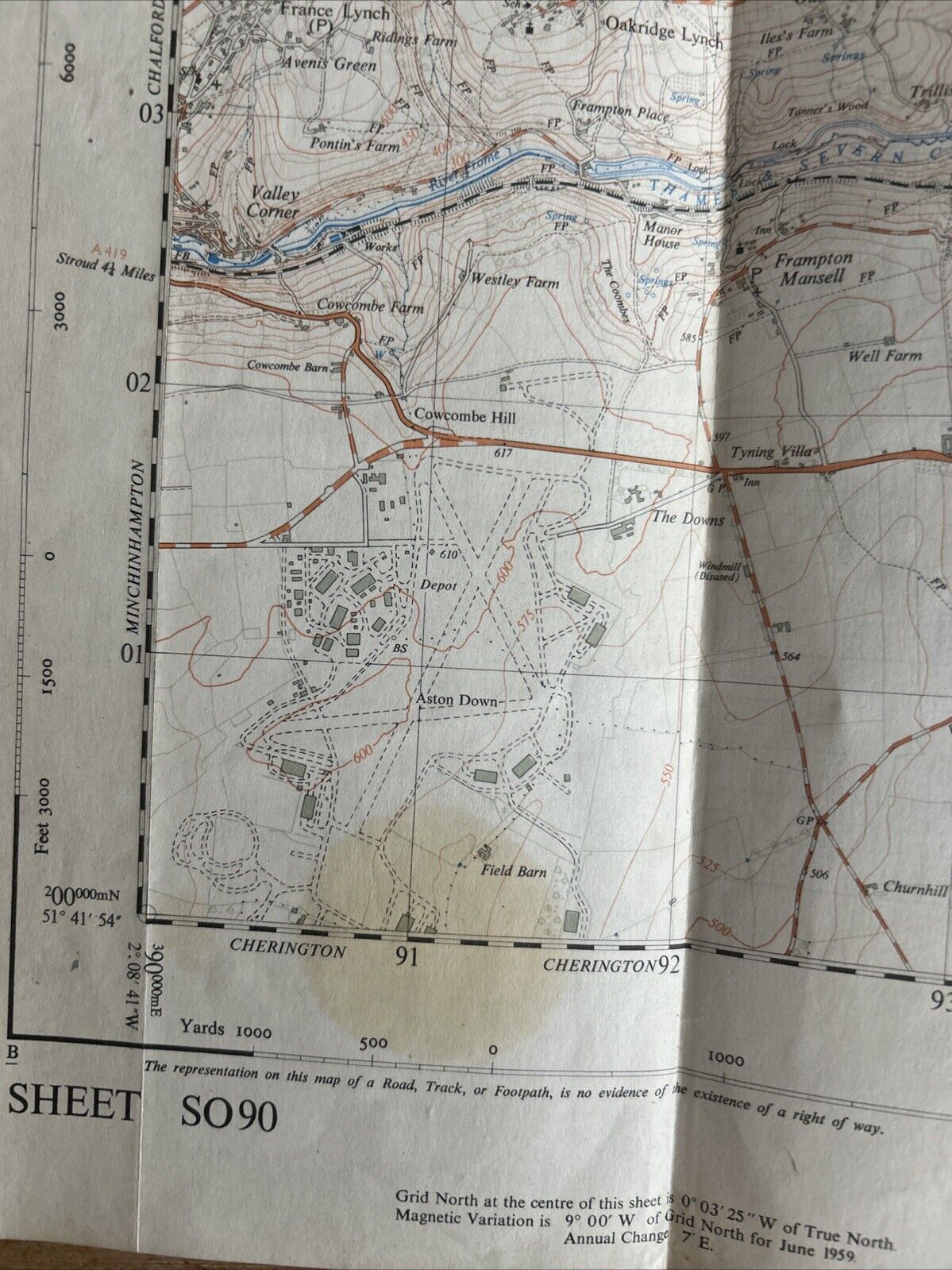 SAPPERTON Ordnance Survey First Series Sheet SO90 1:25,000 1959 Duntisbourne