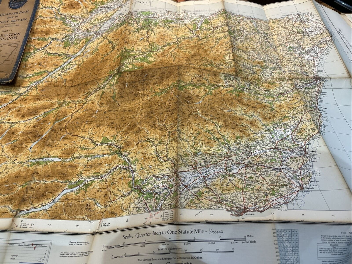 THE EASTERN HIGHLANDS 1946 Ordnance Survey CLOTH Sheet 5 Quarter Inch Map Dundee