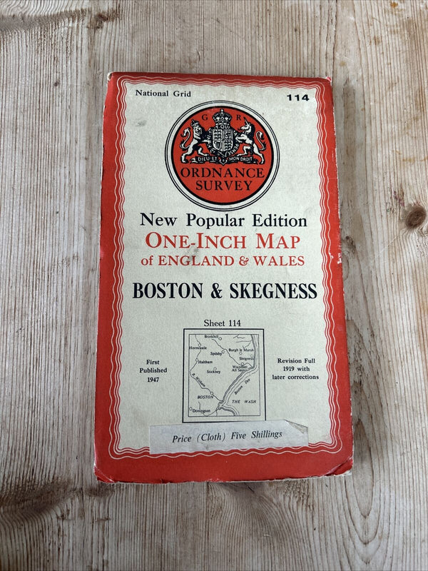 BOSTON & SKEGNESS Ordnance Survey Cloth 1  Inch Map 1947 Sixth Edition Sheet 114