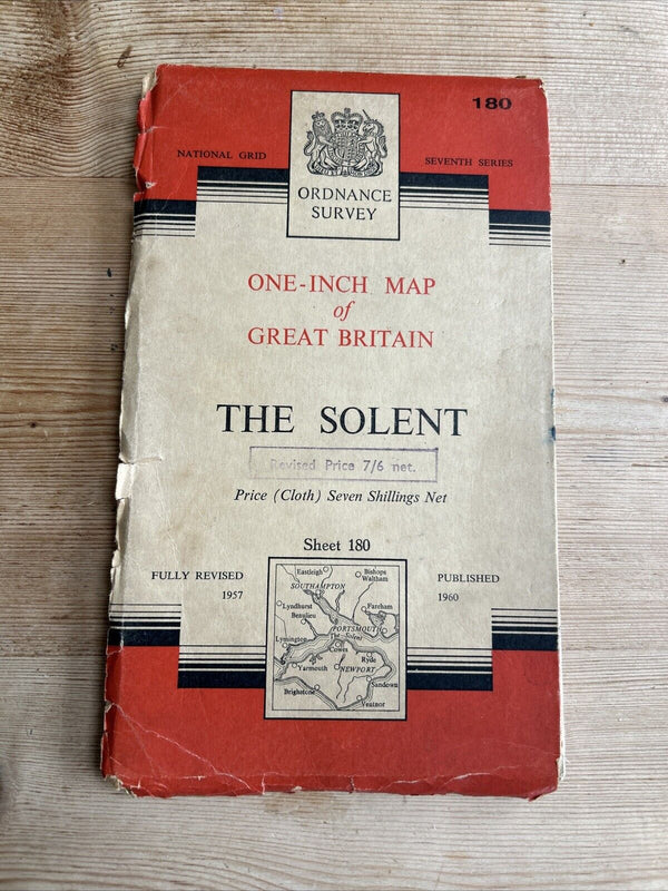 THE SOLENT Ordnance Survey CLOTH Seventh Series Map 1 Inch 1960 Sheet 180 Wight