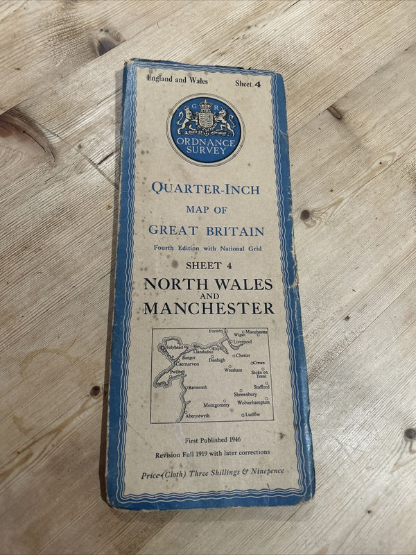 NORTH WALES & MANCHESTER 1946  Ordnance Survey CLOTH Sheet 4 Quarter Inch Map