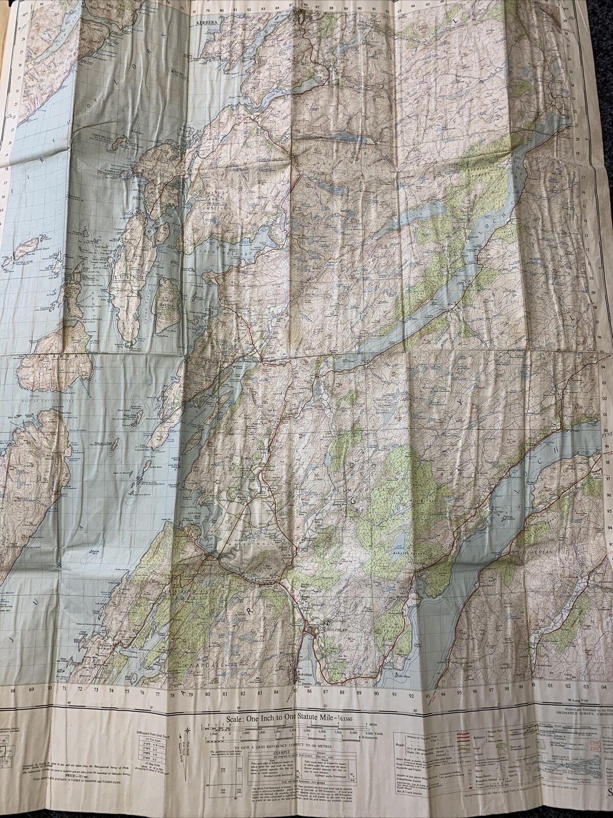 LOCH AWE Ordnance Survey Cloth Map 1956 Seventh Series