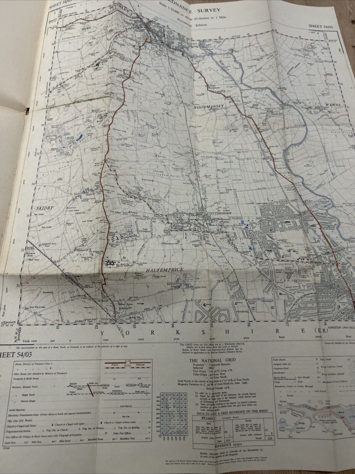 COTTINGHAM Hull Ordnance Survey CLOTH Sheet 54/03 1:25000 1946 National Grid