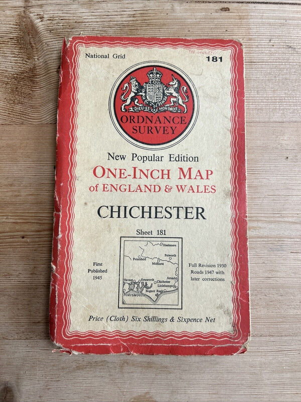 CHICHESTER Ordnance Survey Cloth One Inch Map 1945 Sixth Edition Sheet 181