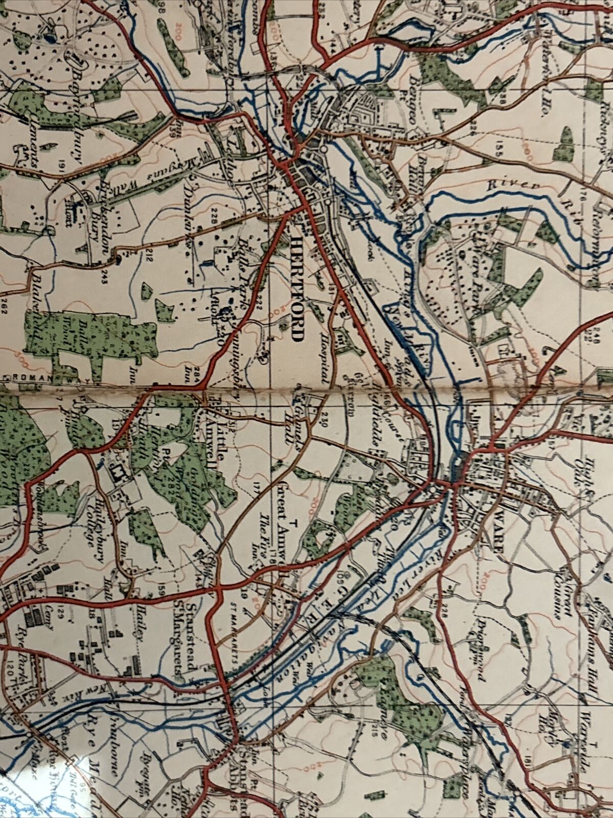 HERTFORD & BISHOPS STORTFORD Ordnance Survey Cloth 1 In Map 1919 No 96 Contoured