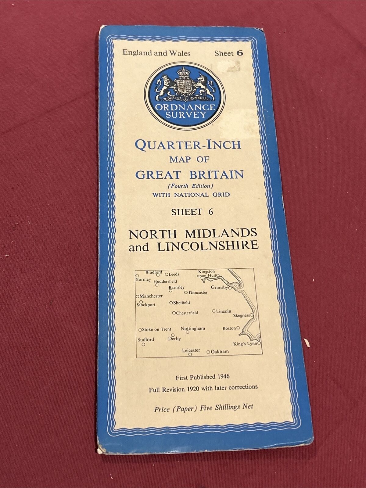 NORTH MIDLANDS & LINCS Ordnance Survey Paper Sht. 6 Quarter Inch Map 4th Ed 1946