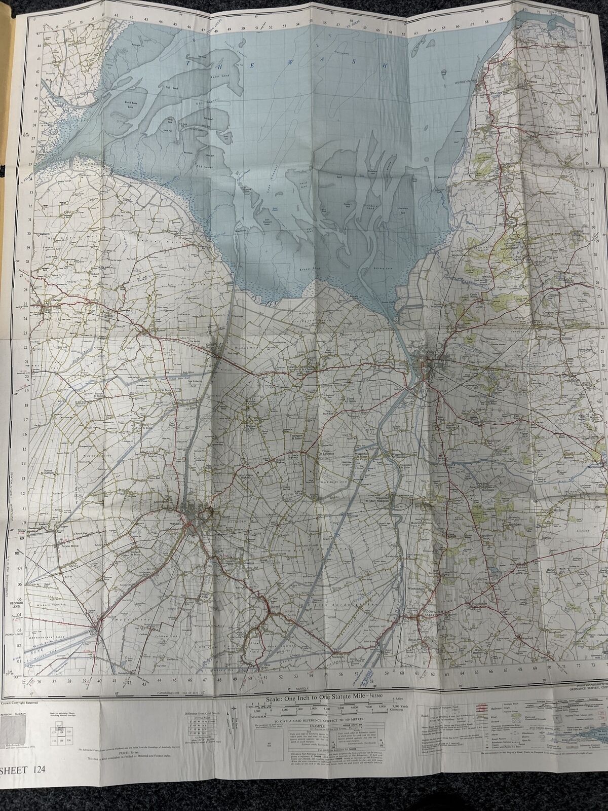 KINGS LYNN Ordnance Survey Seventh Series CLOTH Map 1954 Sheet 124 Wisbech