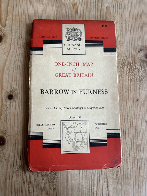 BARROW IN FURNESS Ordnance Survey Seventh Series CLOTH 1 Inch Map Sheet 88 1955