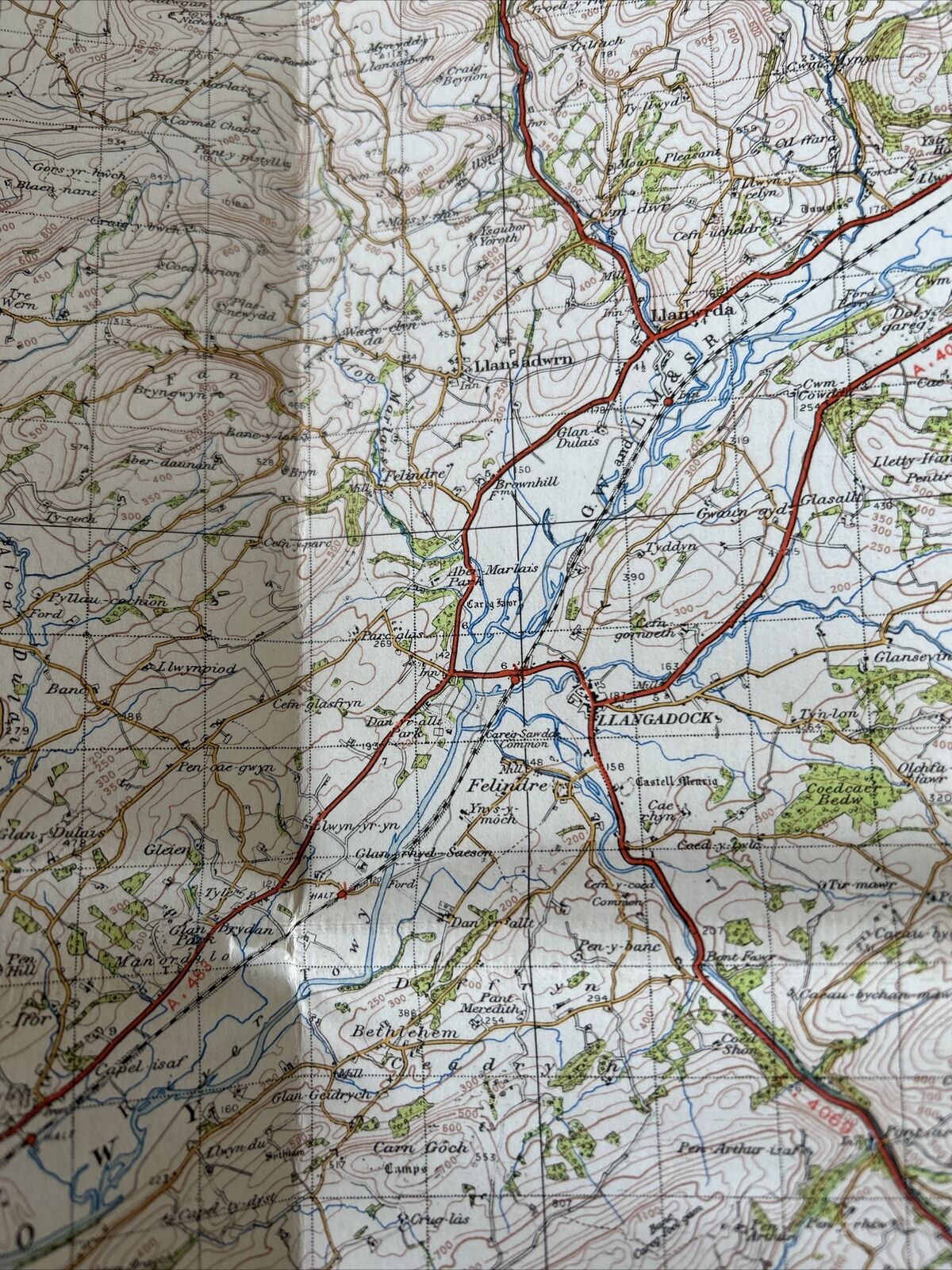 LLANDOVERY Ordnance Survey Cloth One Inch Map 1947 Sixth Edition Sheet 140