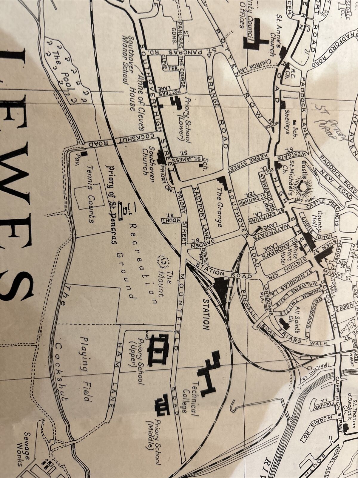 LEWES Street Plan & Road Map Of Sussex Brighton Barnetts 1950s? Advertising