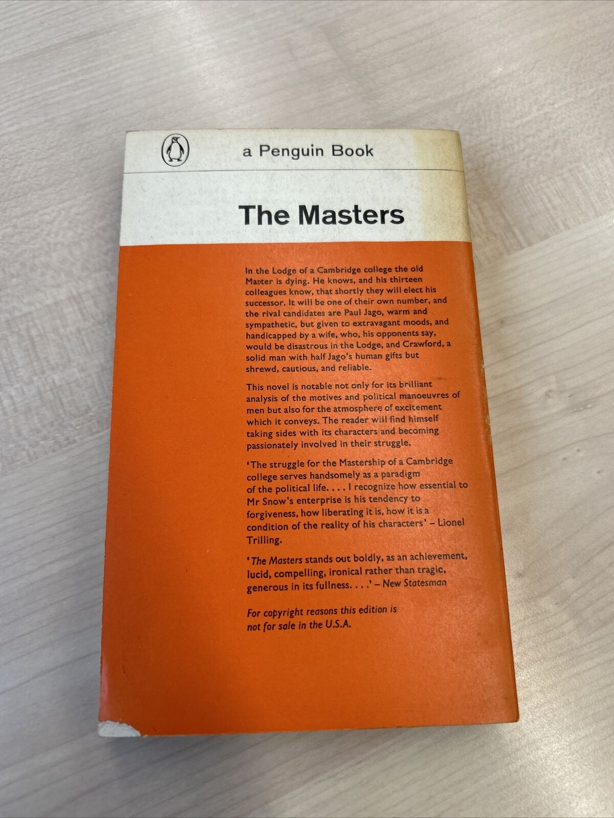 THE MASTERS - CP SNOW - Penguin Books No 1089 1963 Cambridge Master College