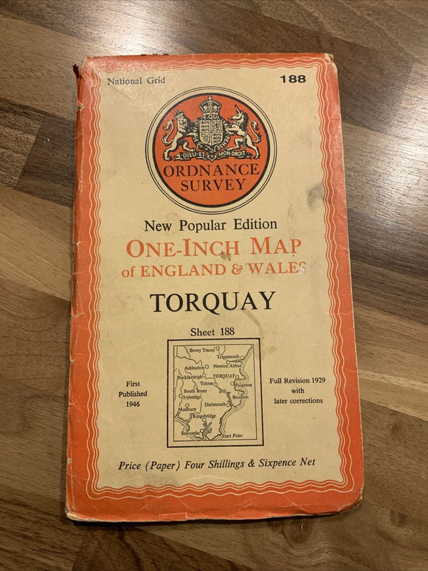 Vintage Ordnance Survey 6th Series 1-inch TORQUAY - 1946 Sheet 188 Salcombe