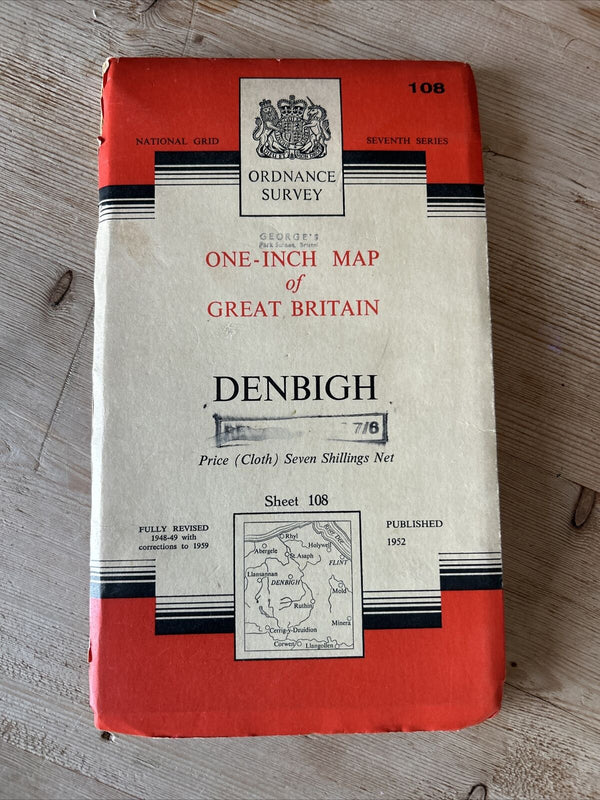 DENBIGH Ordnance Survey Seventh Series Cloth 1 inch 1952 Sheet 108 Rhyl