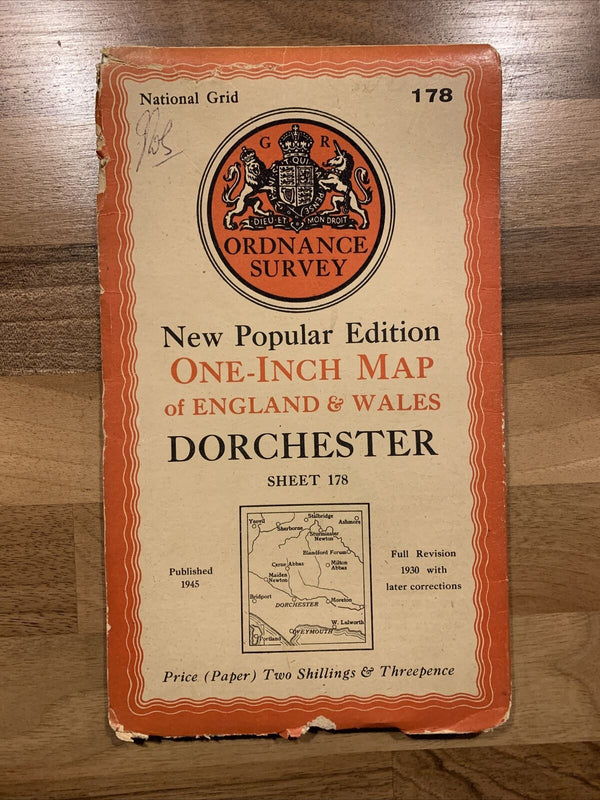 Vintage Ordnance Survey 6th Series 1-inch Dorchester 1945 Sheet 178 Weymouth