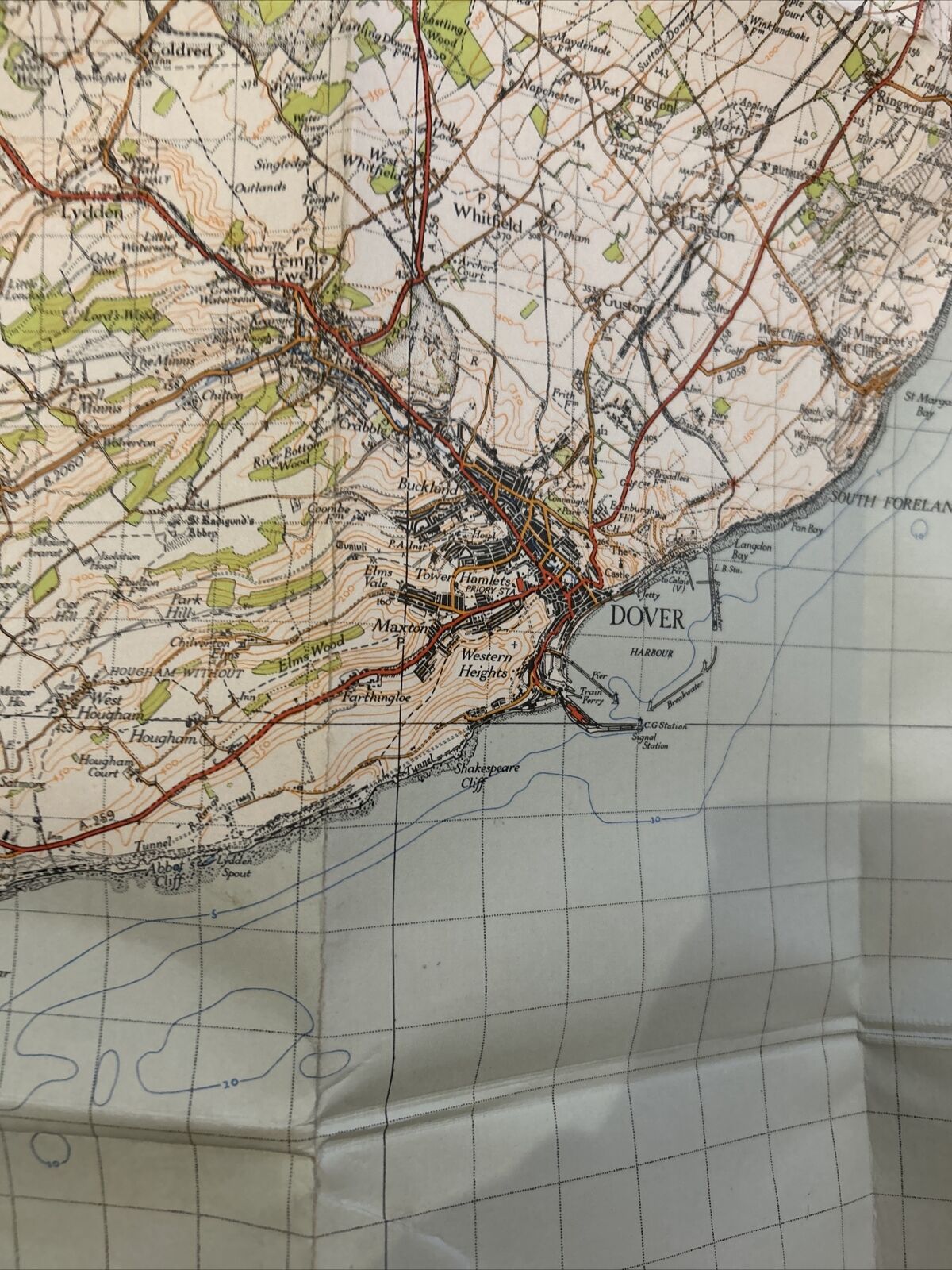 EAST KENT Ordnance Survey Cloth One Inch Map 1945 Sixth Edition Sheet 173 Deal