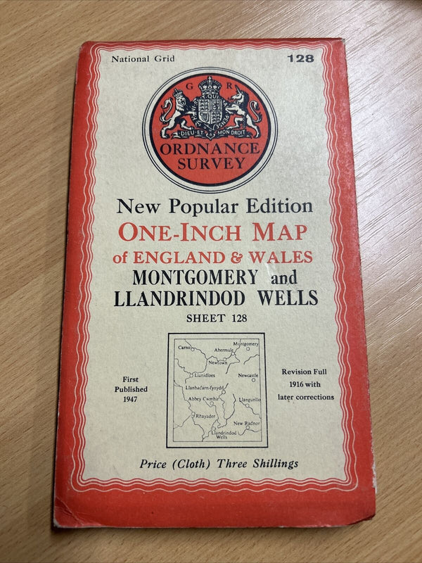 MONTGOMERY & LLANDRINNDOD WELLS OS Cloth One Inch Map 1947 Sixth Ed Sheet 128