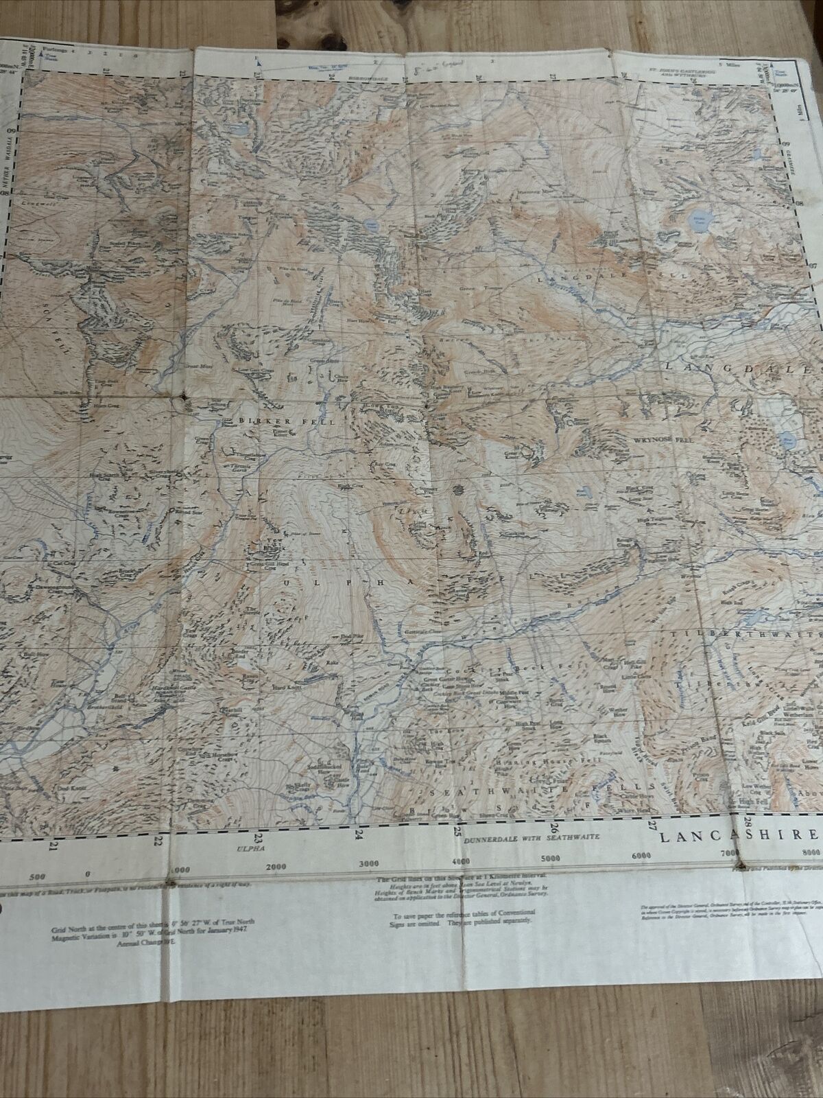 LANGDALE FELL BIRKER FELL - Ordnance Survey Cloth Sheet 35/20 1:25000 1947 Lancs