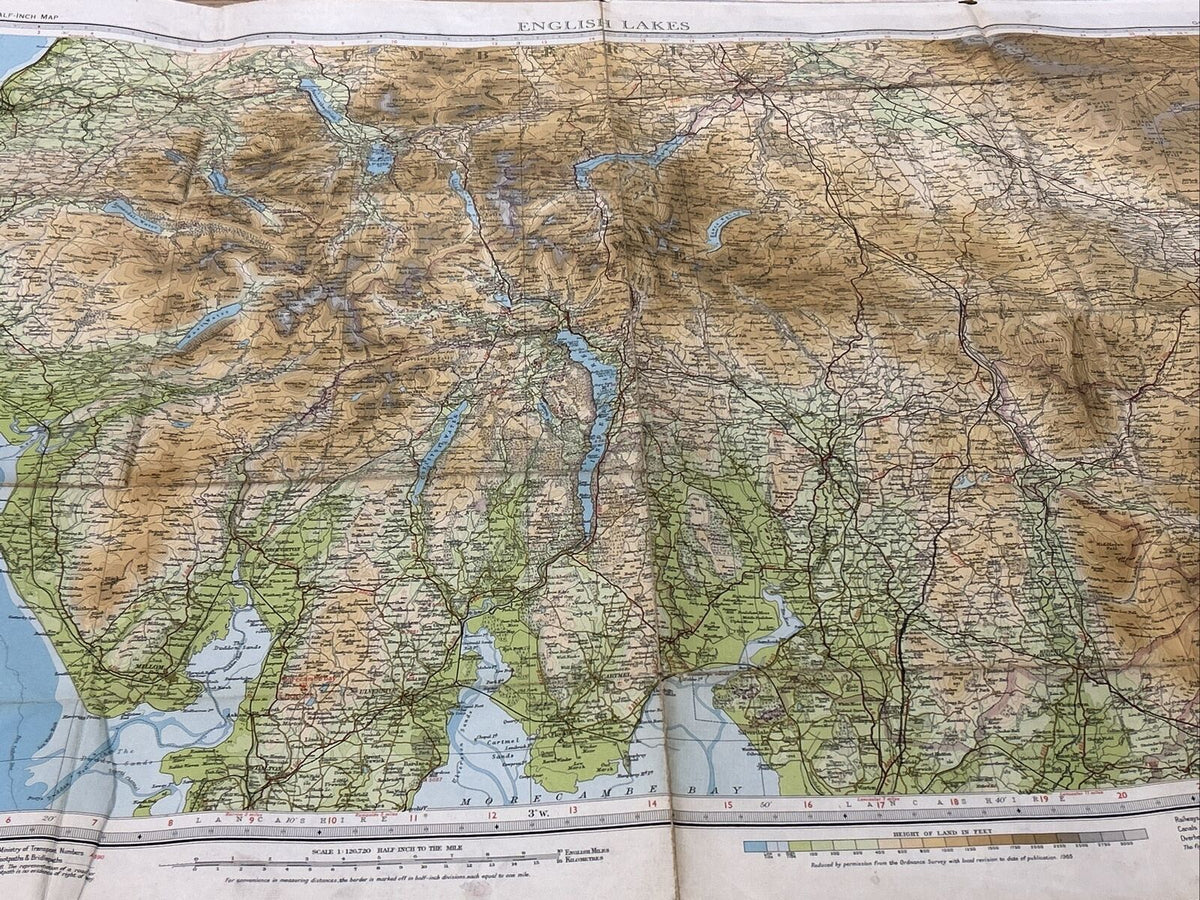 ENGLISH LAKES CLOTH Bartholomew  Half Inch Map 1965 No 34 Lake District Cartmel