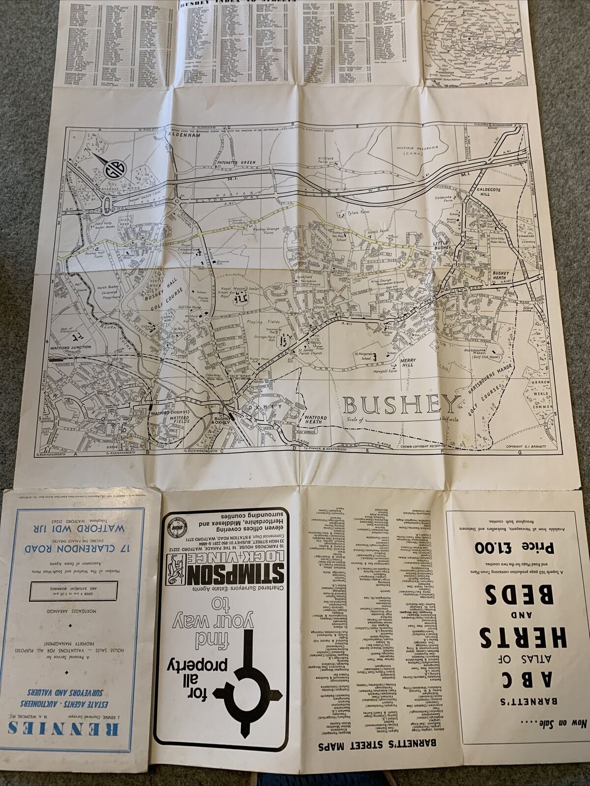 Watford & Bushey Hertfordshire - Barnett 1970s? Plan Map - Advertising