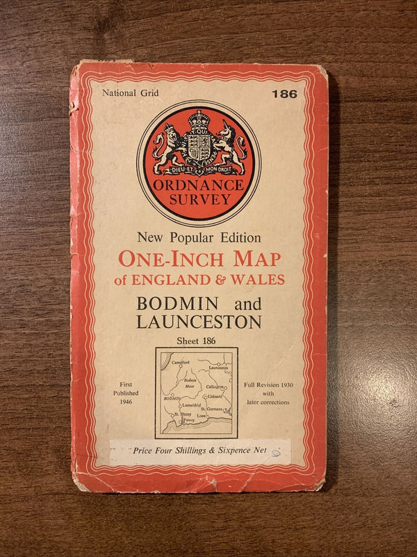 BODMIN & LAUNCESTON Ordnance Survey Sixth Edition One inch 1946 Sheet 186 Paper