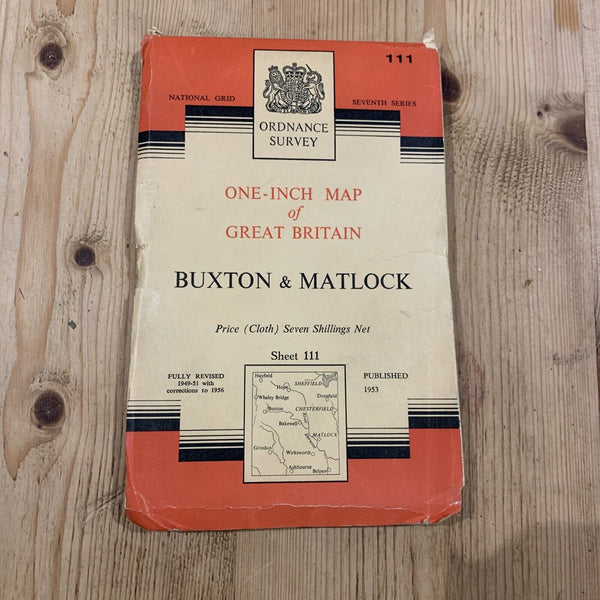 BUXTON & MATLOCK Seventh Ser Cloth Ordnance Survey Map One Inch 1953 Sheet 111