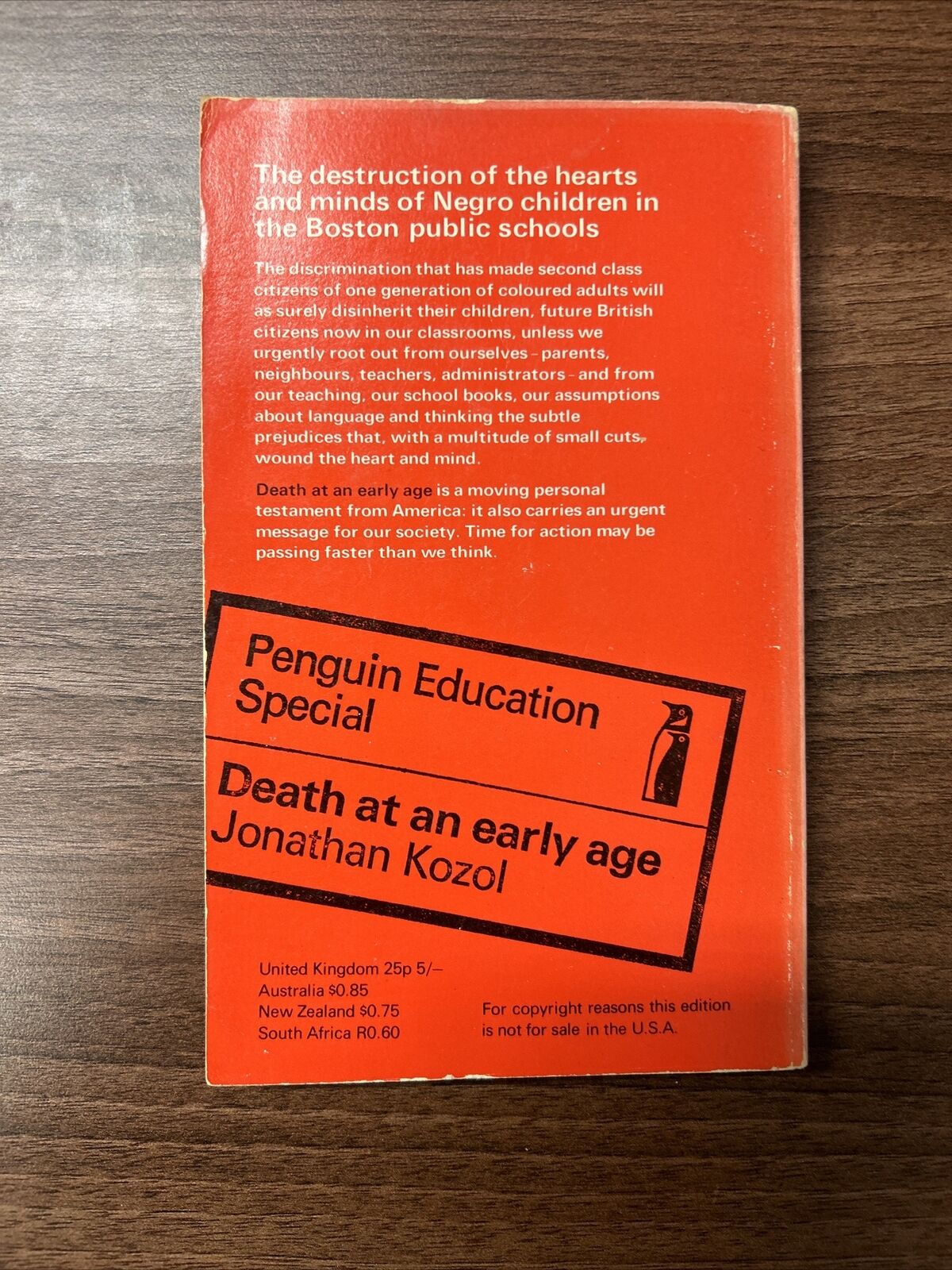 DEATH AT AN EARLY AGE - Jonathan Kozol - Penguin Educational Special X38 1968