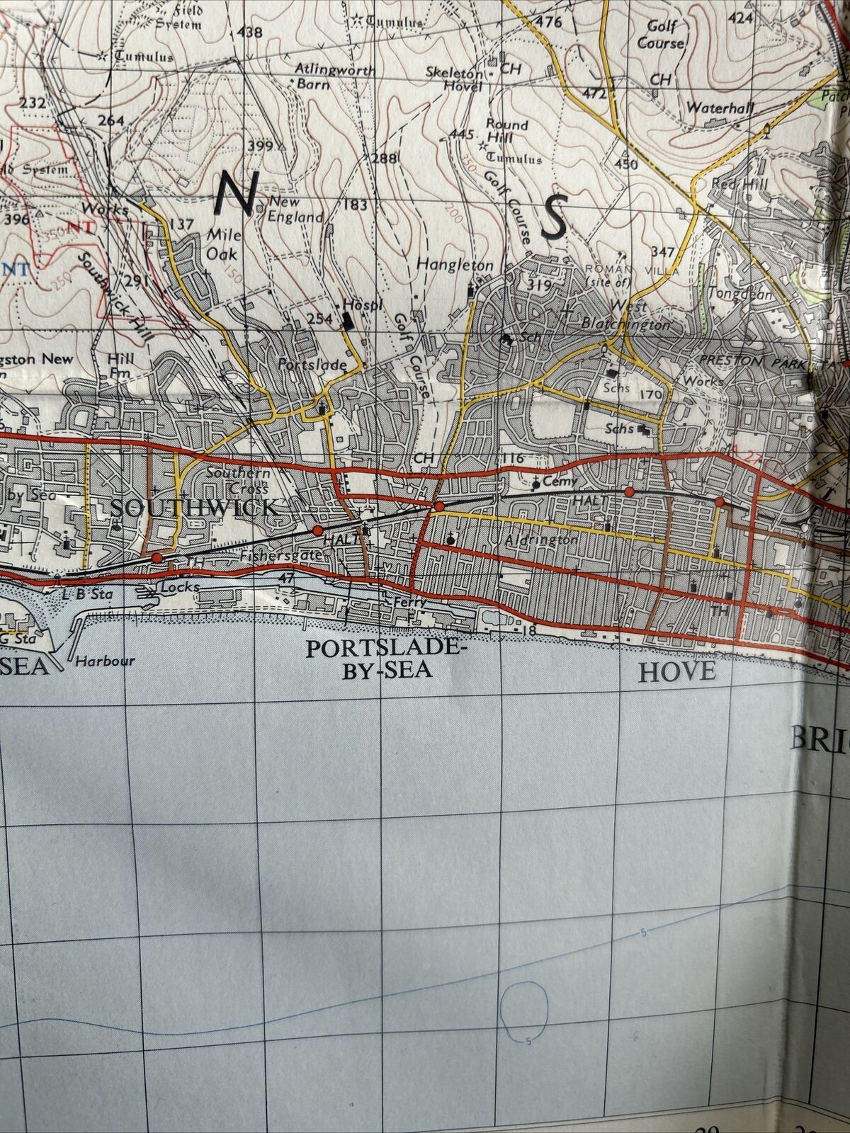 BRIGHTON & WORTHING Ordnance Survey Seventh Series Cloth One inch 1960 Sheet 182