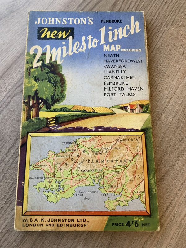 Johnstons New 2 Miles To 1 Inch Map - Pembroke Swansea Cardigan 1952 Cloth