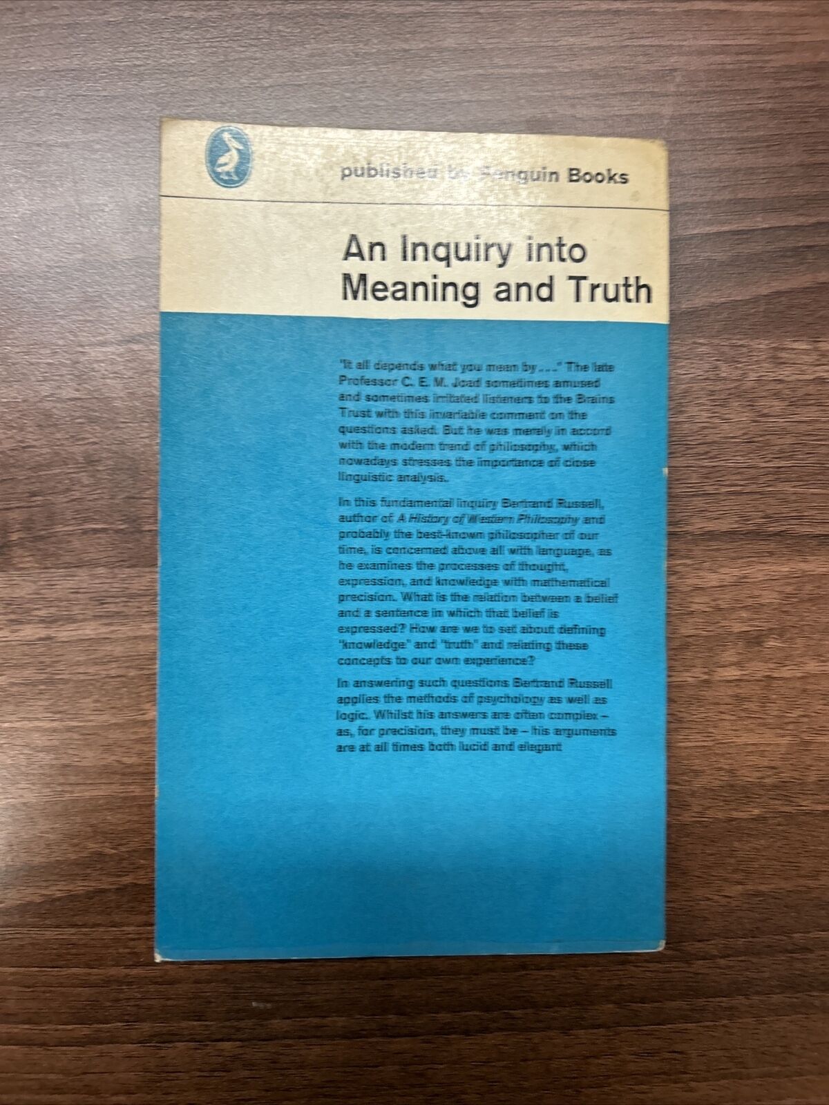 AN INQUIRY INTO MEANING AND TRUTH - Bertrand Russell Pelican Book 1962 A590