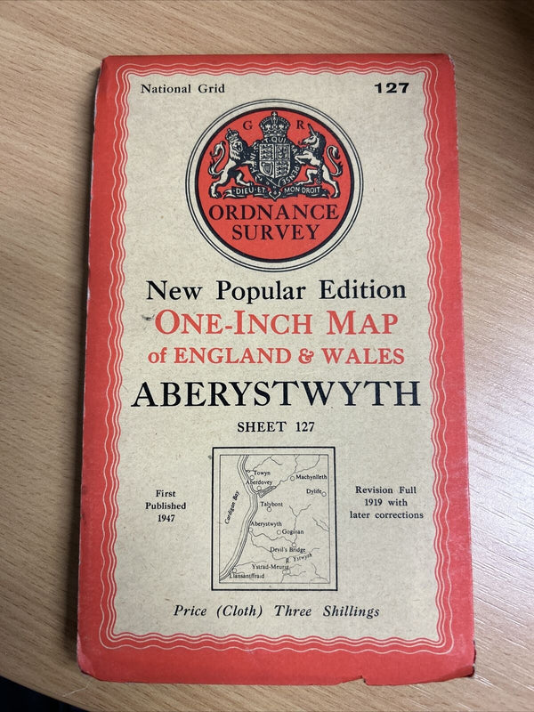 ABERYSTWYTH Ordnance Survey Cloth One Inch Map 1947 Sixth Edition Sheet 127