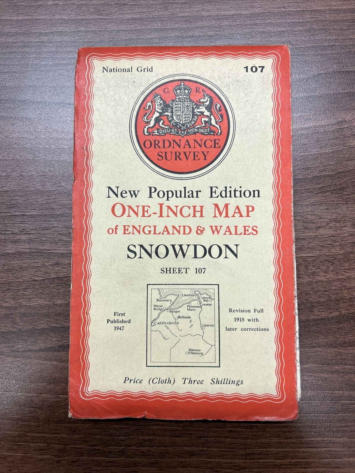 SNOWDON Ordnance Survey Cloth One Inch Map 1947 Sixth Edition Sheet 107 Conway