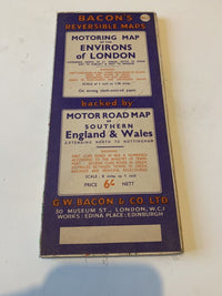 Bacons Reversible Map London & Southern England & Wales 1949 Linen