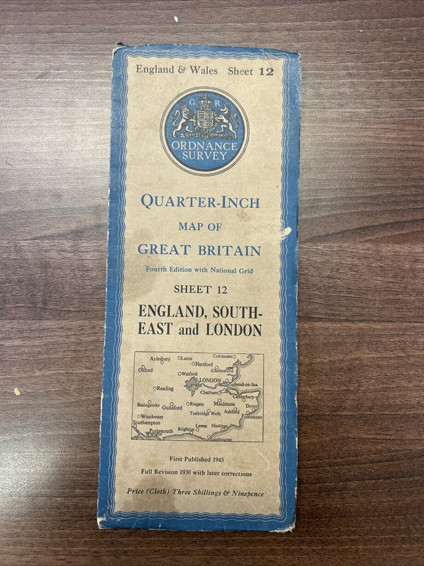 ENGLAND SOUTH EAST & LONDON Ordnance Survey CLOTH Quarter Inch Map 1945 Sheet 12