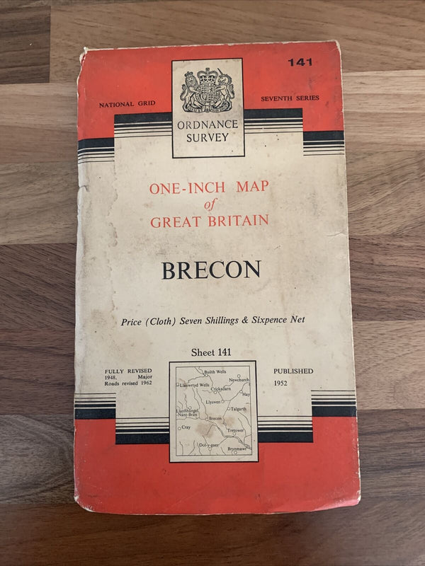 BRECON Wales Ordnance Survey Cloth Seventh Series Map No 141 1952