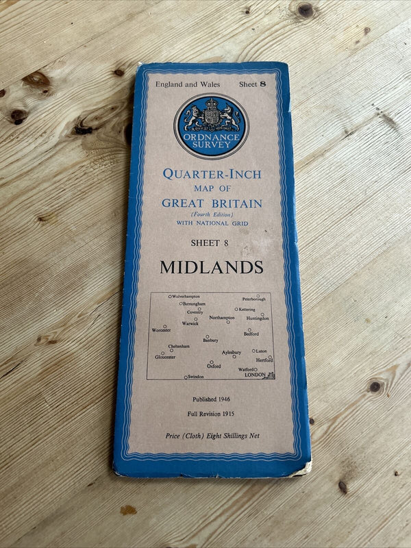 MIDLANDS England Ordnance Survey CLOTH Sheet 8 Quarter Inch Map 4th Ed 1946