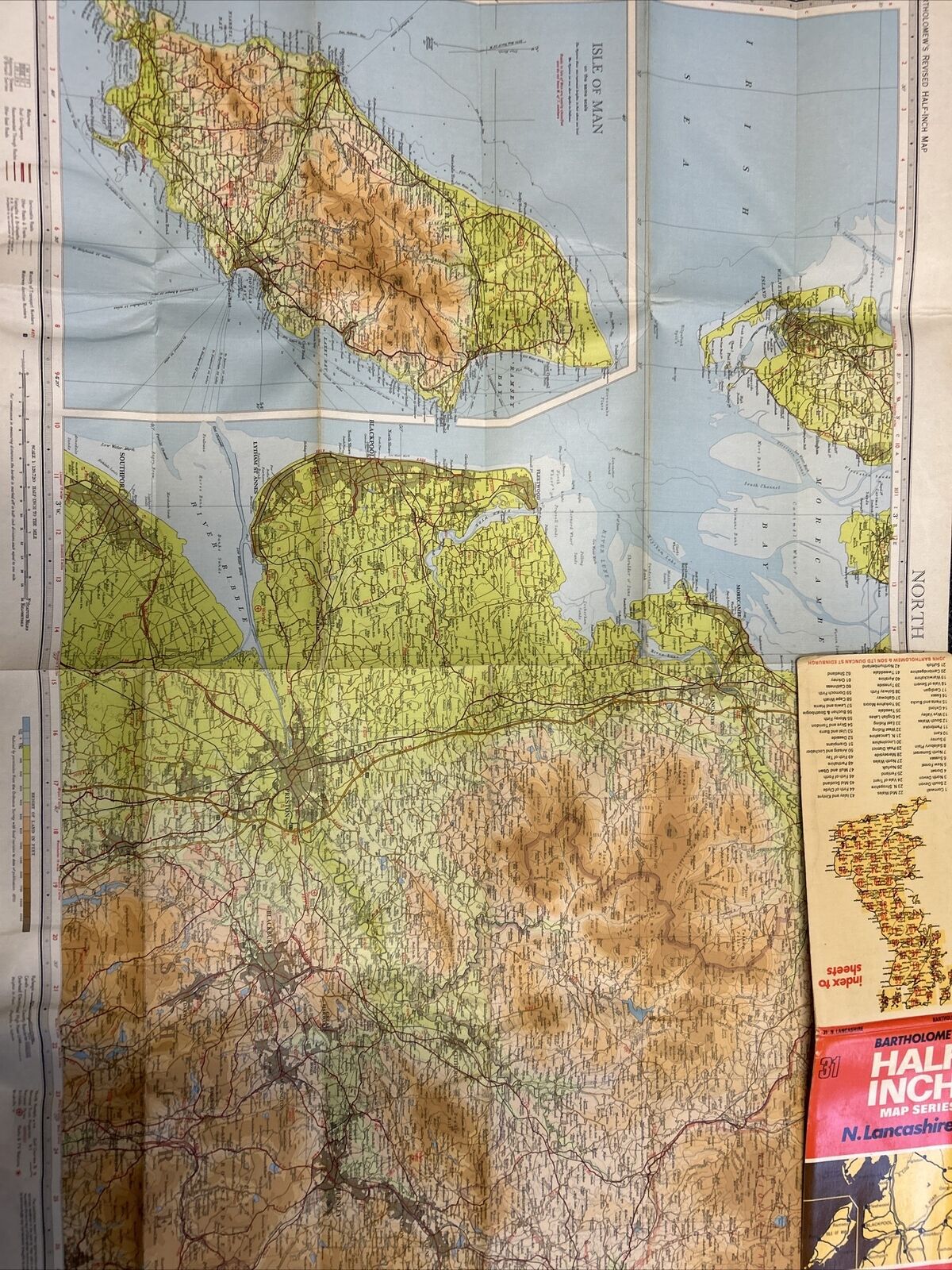 NORTH LANCASHIRE Bartholomew Half Inch Cloth Map 1970 No 31 Isle Of Man Preston