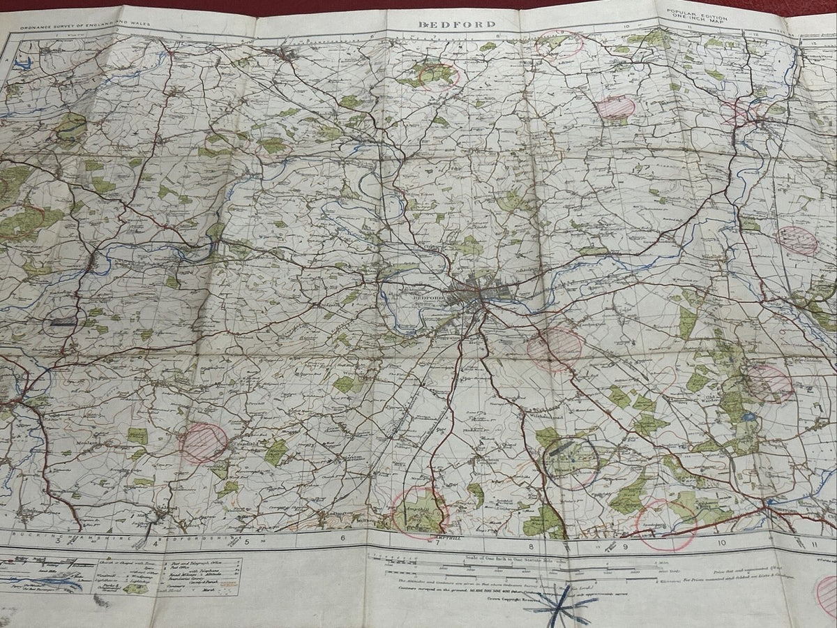 BEDFORD Ordnance Survey Cloth One In Map 1919 Sheet 84 See Pencil Markings