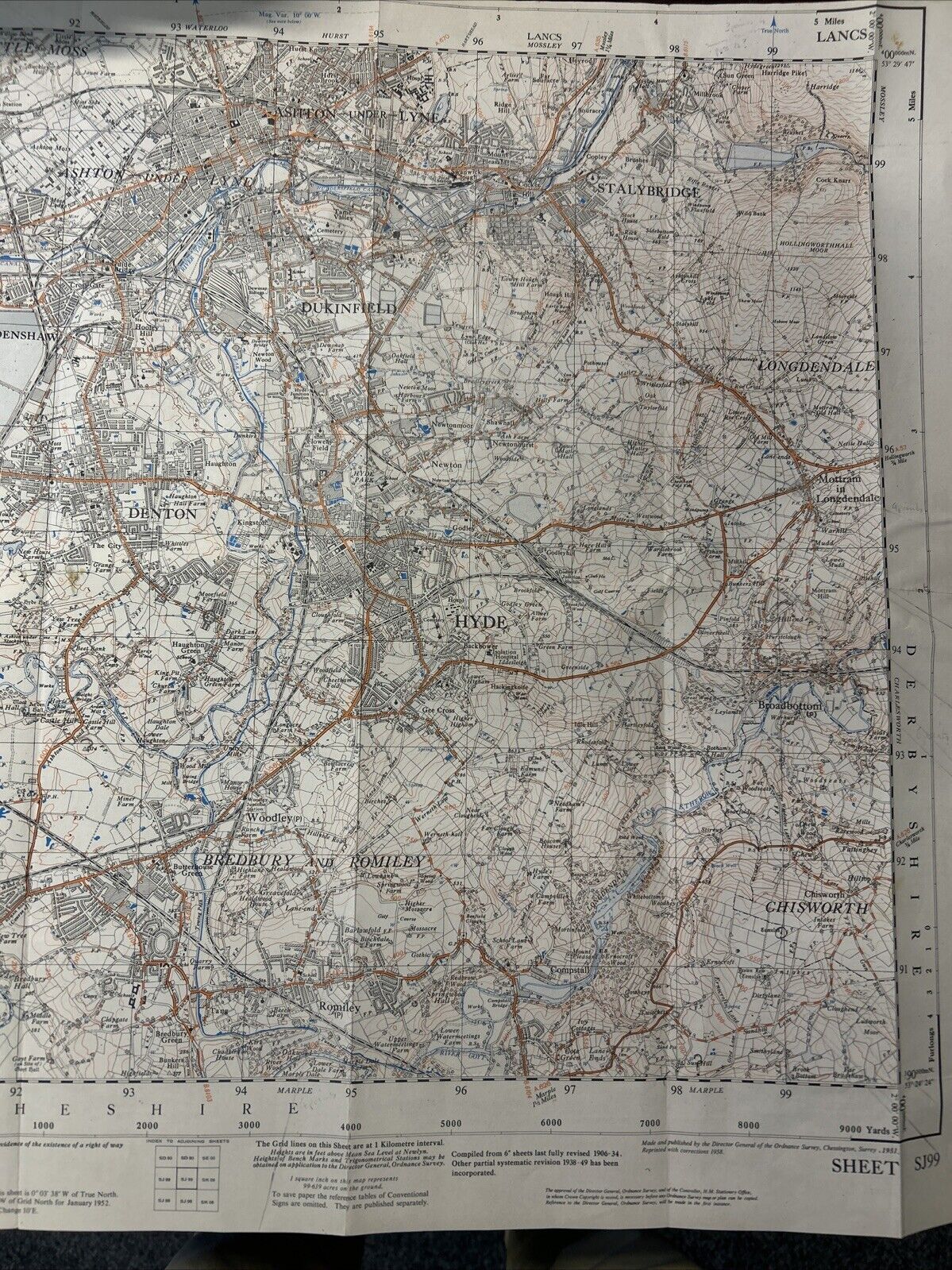 ASHTON-UNDER-LYNE Ordnance Survey First Series Sheet SK99 1:25,000 1951 Romily