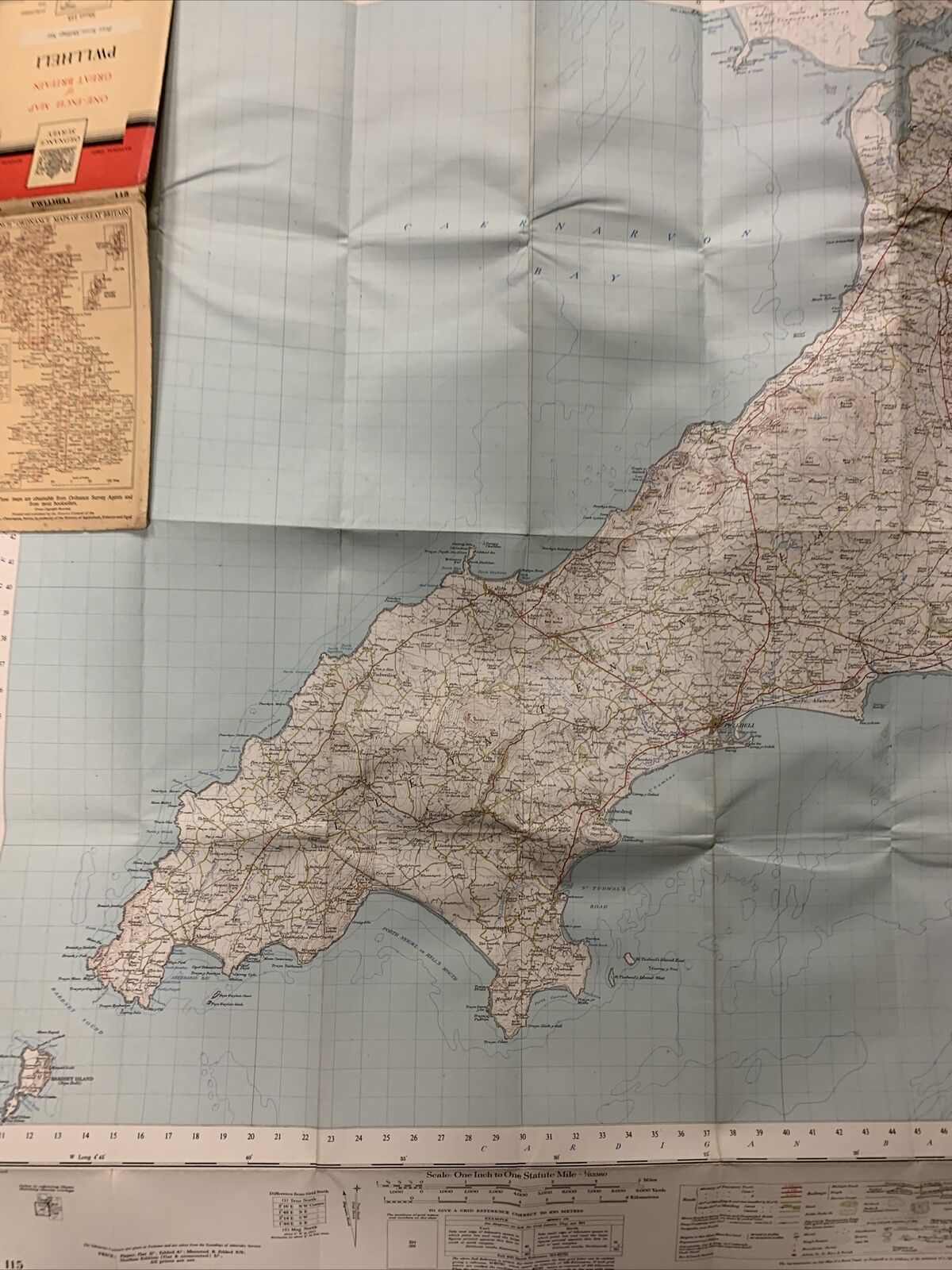 PWLLHELI Ordnance Survey CLOTH Map 1952 Seventh Series No 115 Lleyn Peninsular