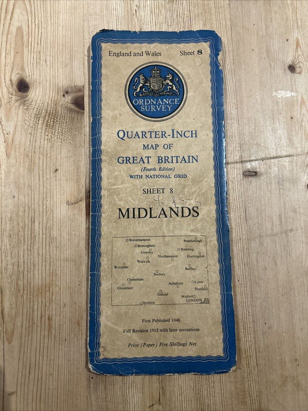 MIDLANDS 1946 Ordnance Survey Paper Sheet 8 Quarter Inch Map Fourth Edition