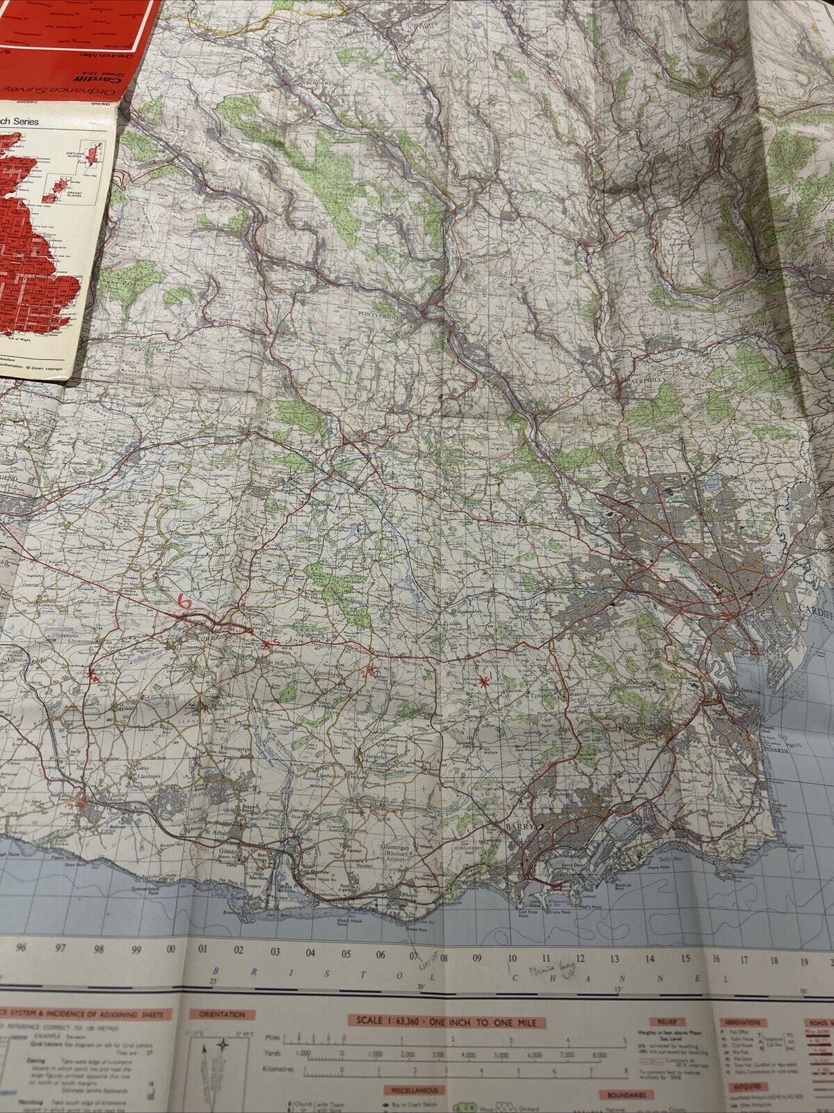 CARDIFF Ordnance Survey One Inch Map Sheet 154 Reasonable Condition 1966 Marks