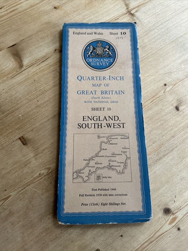 ENGLAND SOUTH-WEST Ordnance Survey CLOTH Sheet 10 Quarter Inch Map 4th Ed 1946