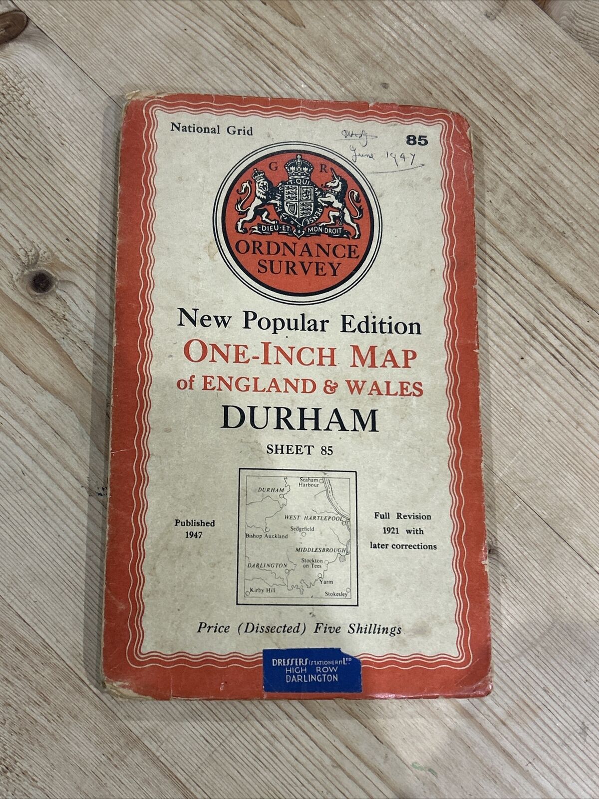 DURHAM Ordnance Survey Cloth One Inch Map 1947 Sixth Edition Sheet 85 Dissected