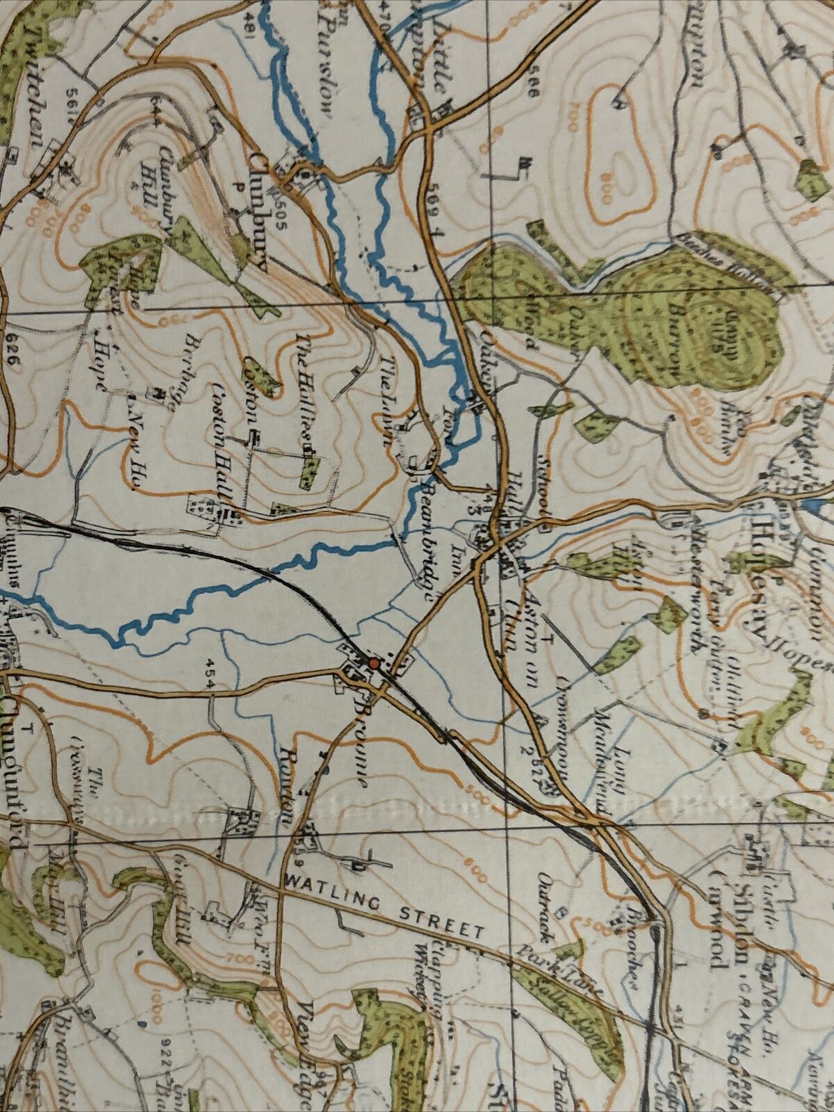 BISHOP’S CASTLE Ordnance Survey Cloth One Inch Map 1920 No 70 Contoured Ludlow