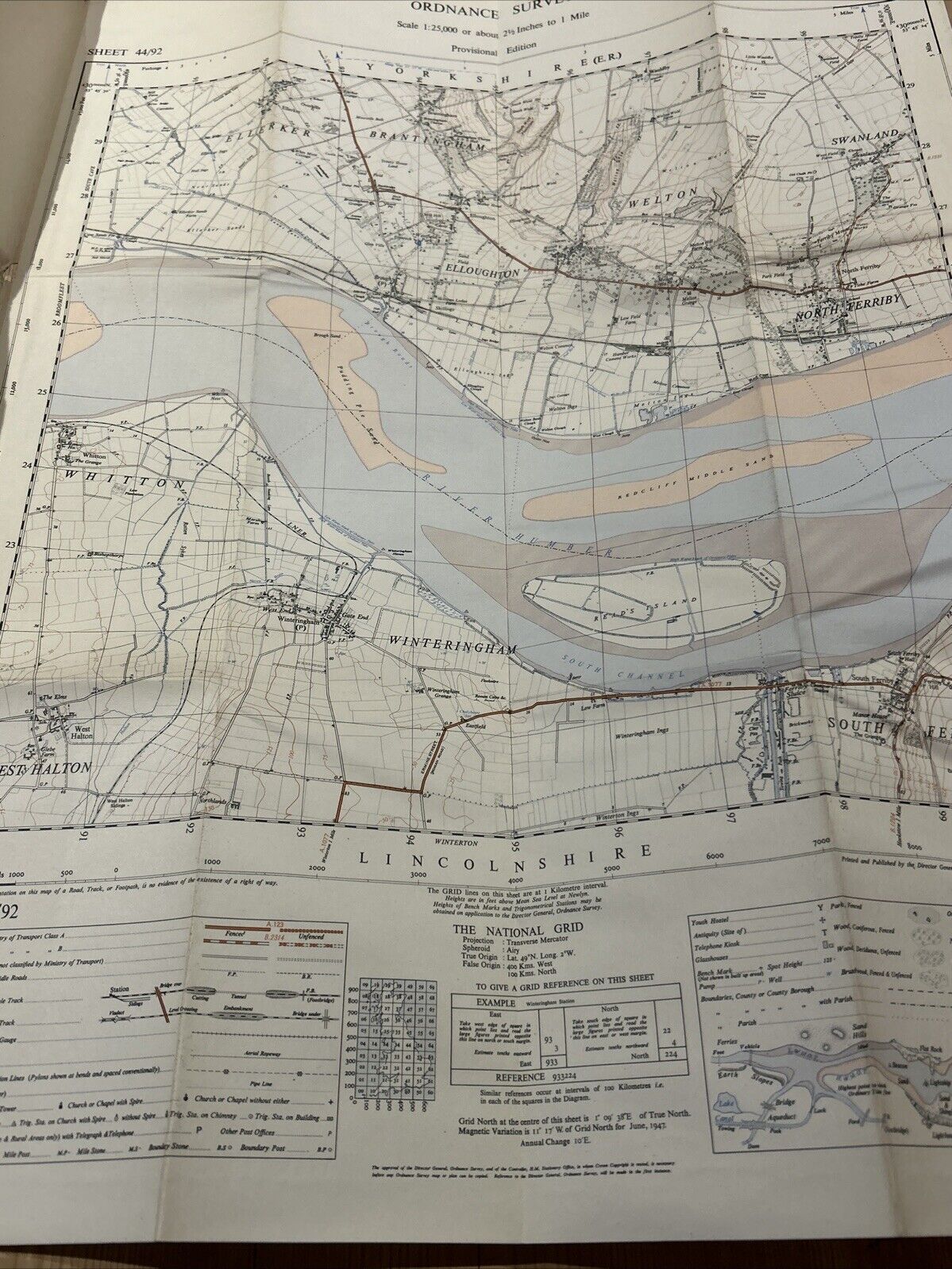 NORTH FERRIBY Ordnance Survey CLOTH Sheet 44/83 1:25000 1947 National Grid