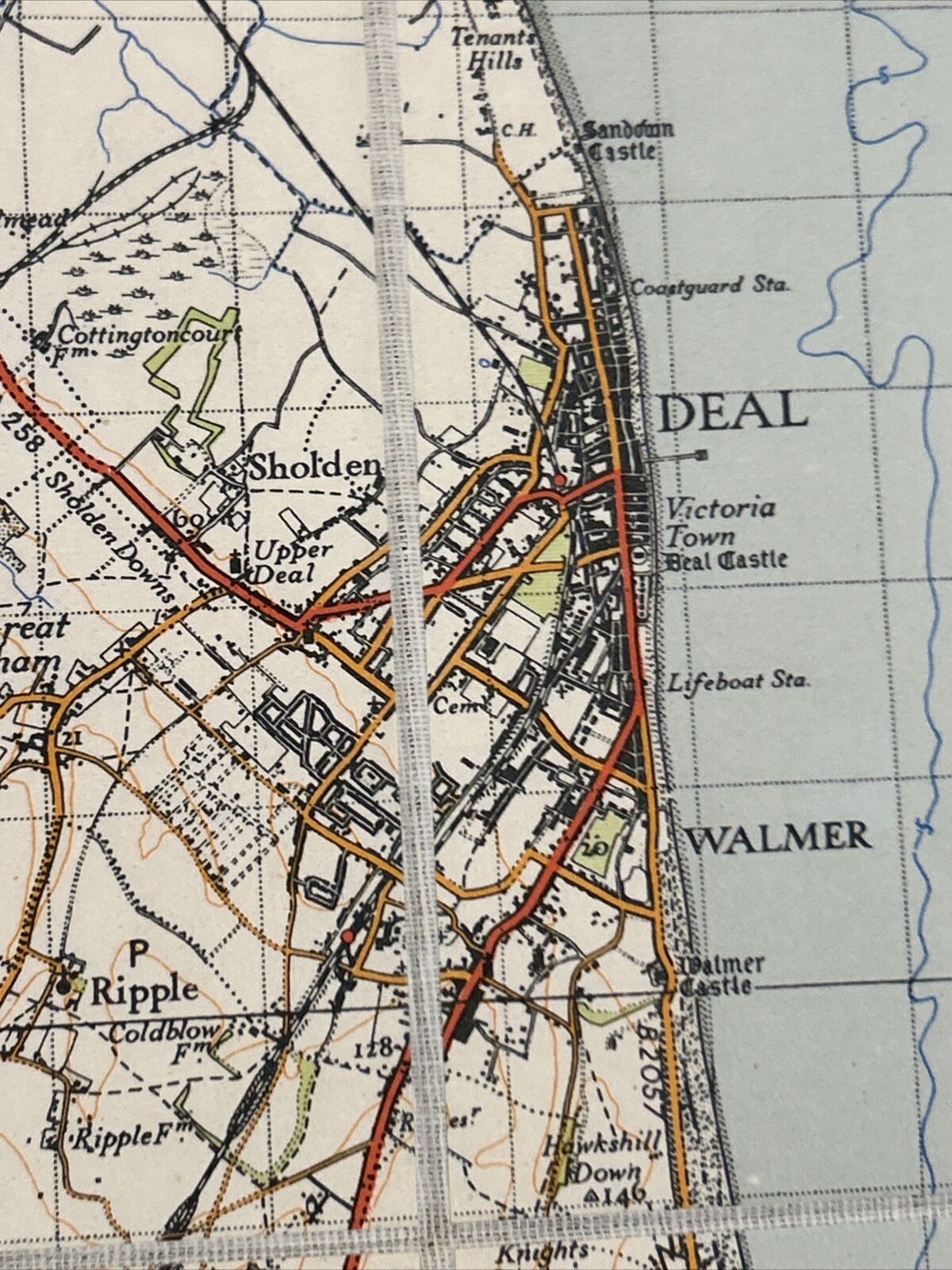 EAST KENT Ordnance Survey Cloth Sixth Series One inch 1945 Sheet 173 Dover Deal