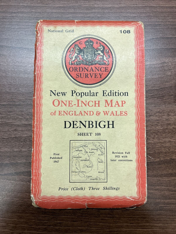 DENBIGH Ordnance Survey Cloth One Inch Map 1947 Sixth Edition Sheet 108 Mold