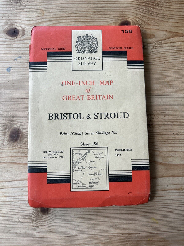 BRISTOL & STROUD Ordnance Survey CLOTH Seventh Series Map 1 Inch 1953 Sheet 156