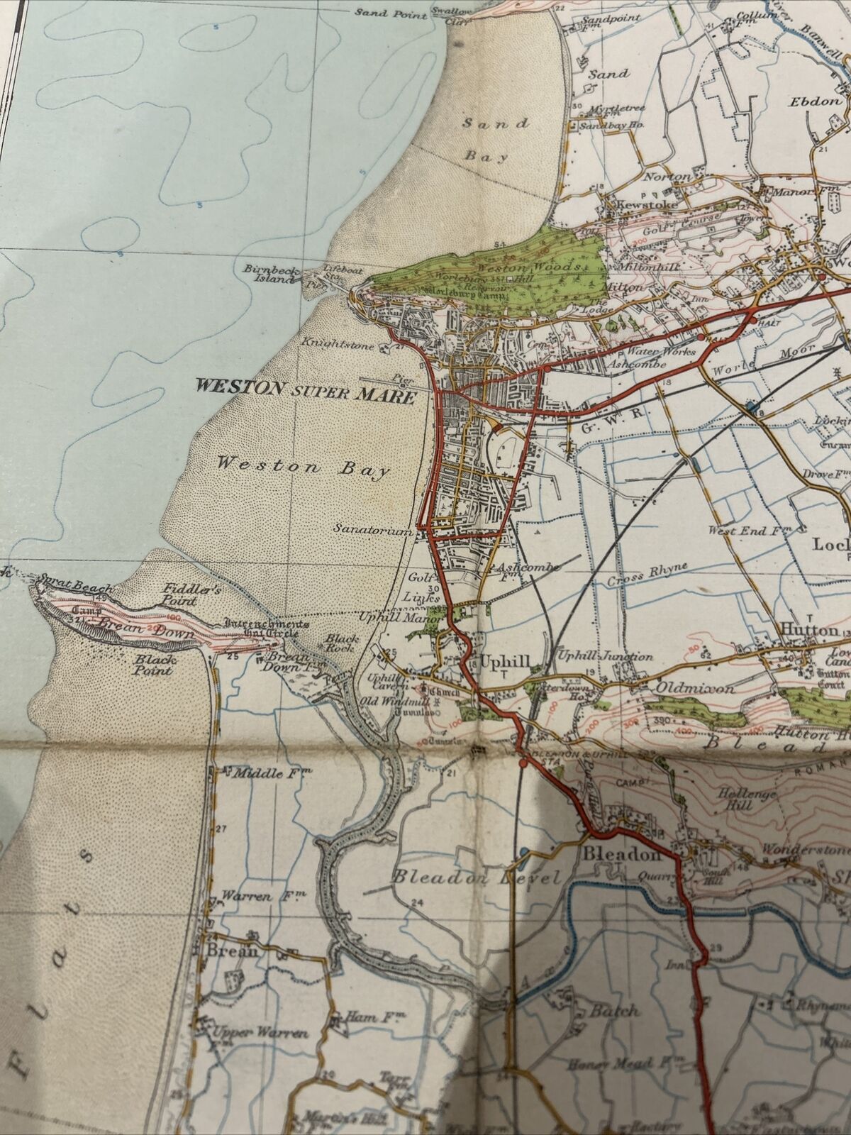 WESTON UPER MERE Cloth Ordnance Survey 1 Inch Map 1918 Clevedon Bridgewater