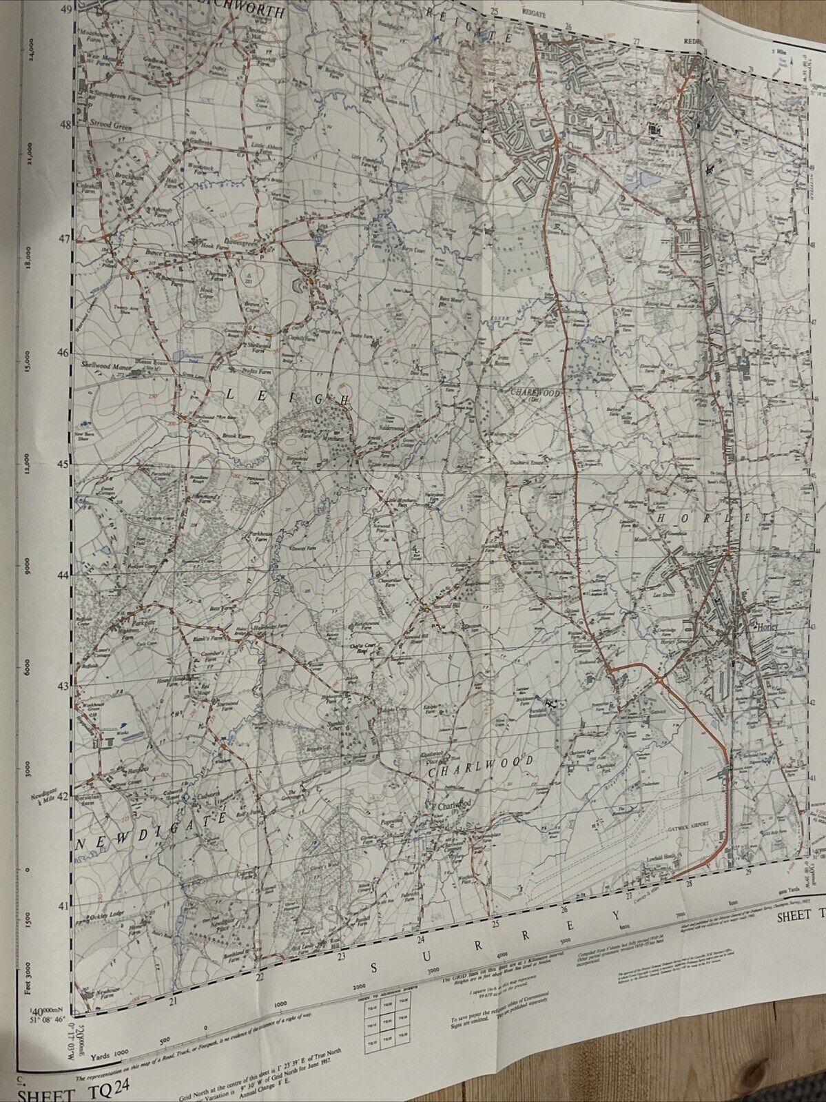 HORLEY SURREY Ordnance Survey Sheet TQ 24 Two  & Half Inch MAP 1957 Gatwick